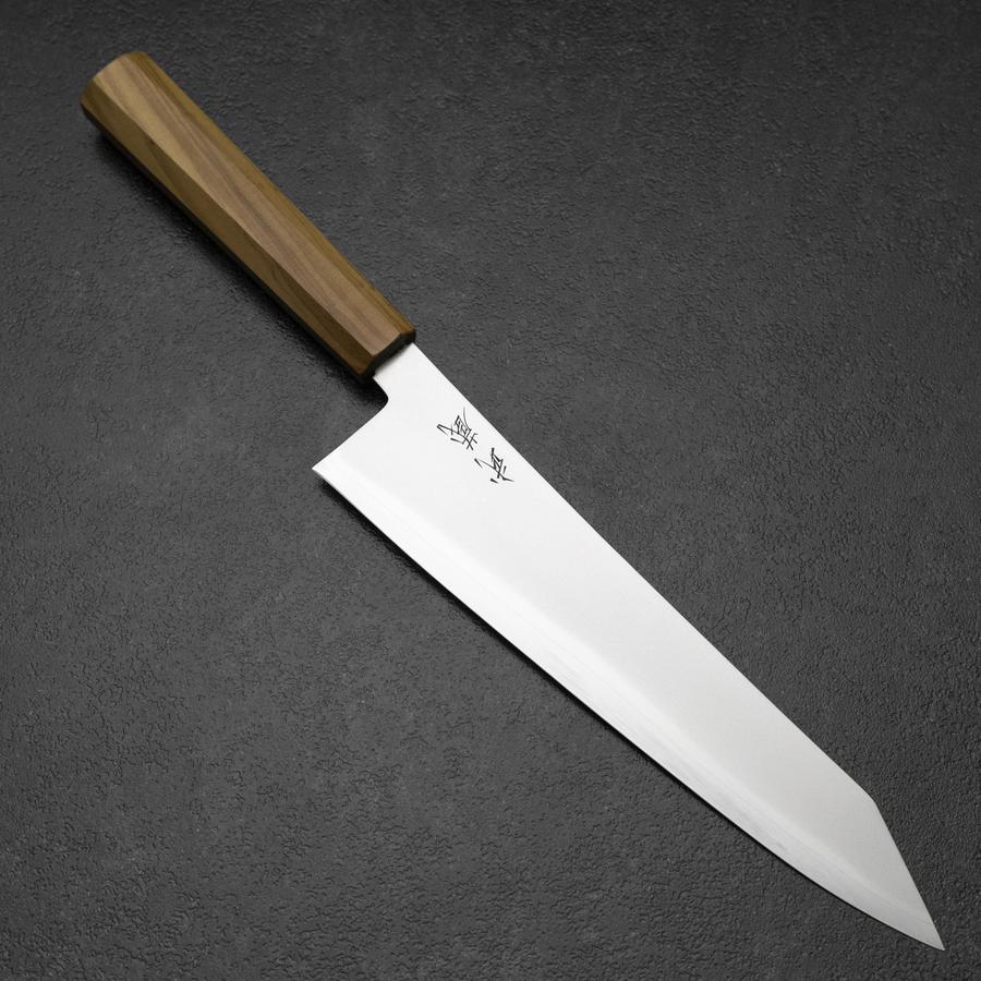 Kiritsuke Gyuto Blue Steel #2 Polished Stainless Clad Olive Handle
