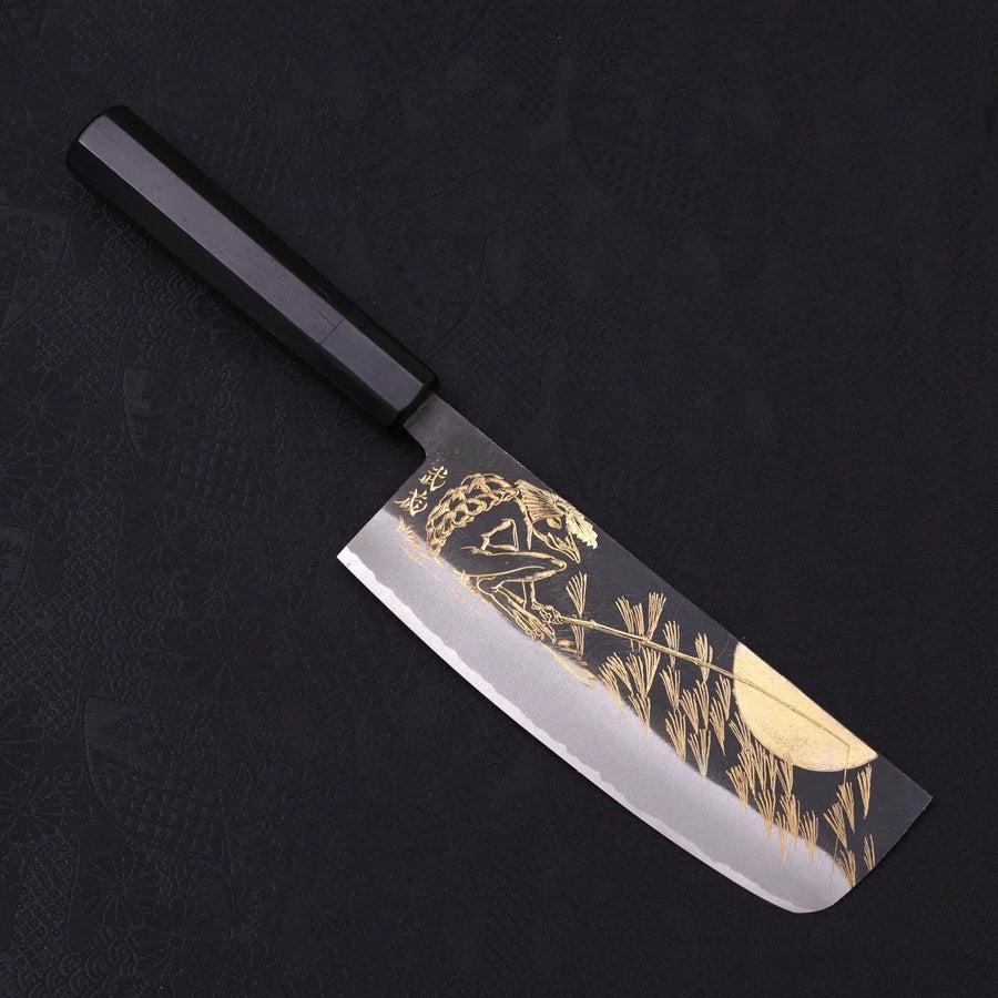 大包丁 刻印 不明　 麺切包丁 ？古民具 菜切 青紙2号 黒打 河童 カエル 黒檀水牛柄 165mm – MUSASHI