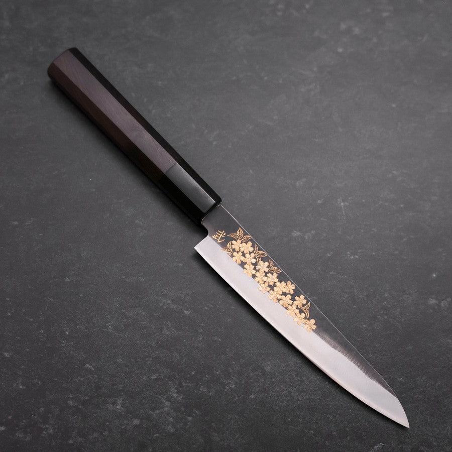 ペティ 青紙1号 黒打ち 彫金 桜 バッファロー黒檀柄 150mm – MUSASHI