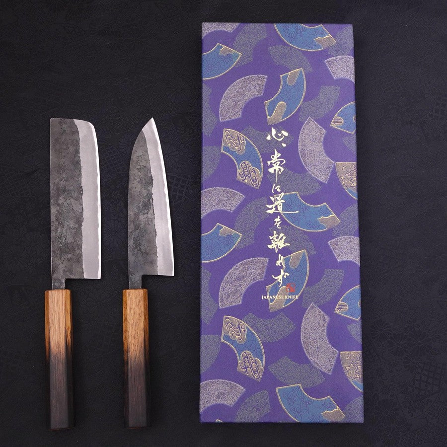 Blue #2 Yaki Urushi Santoku/Nakiri Set Traditional Washi Gift Wrapping-Blue-Blue steel #2-Kurouchi-[Musashi]-[Japanese-Kitchen-Knives]