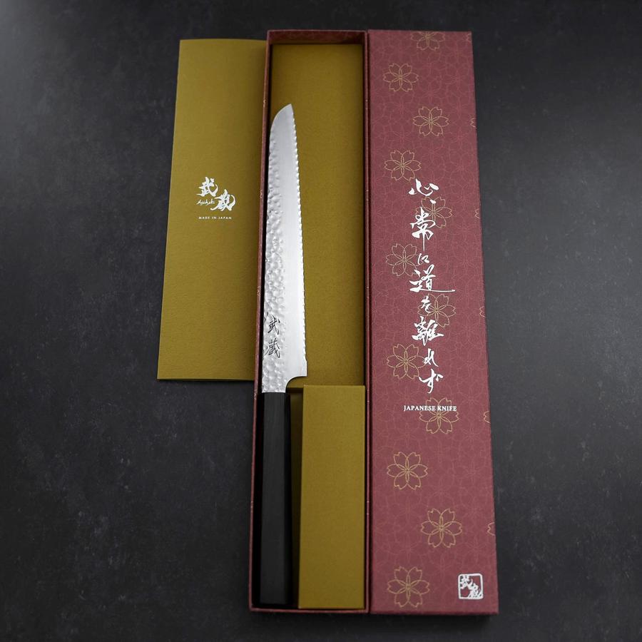 骨切り包丁 波模様鋼 20cm 木製ハンドル約６００g有ります パン切り包丁 VG-10 槌目 黒檀柄 210mm – MUSASHI