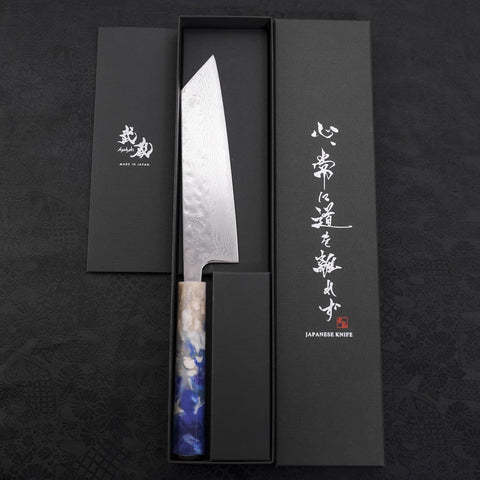Bunka AUS-10 Nashiji Damascus Mirror Ocean White Blue Handle 170mm (6.7”)-[Musashi]-[Japanese-Kitchen-Knives]