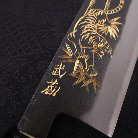 Bunka Blue Steel #2 Kurouchi Chokin Tiger-Bamboo Buffalo Ebony Handle 165mm-[Musashi]-[Japanese-Kitchen-Knives]