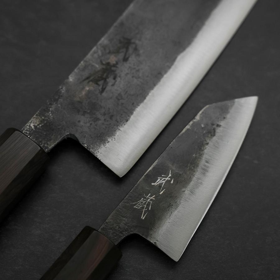 文化包丁＆小文化包丁 青紙二号 黒打仕上げ 黒檀柄 桜セット – MUSASHI