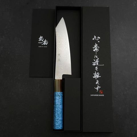Bunka Silver Steel #3 Damascus Buffalo Turquoise Handle 180mm (7”)-[Musashi]-[Japanese-Kitchen-Knives]