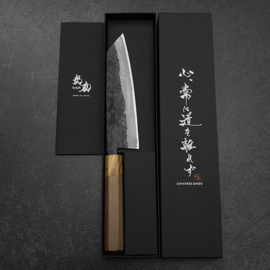 文化包丁 ステン割込 青二鋼 黒打 ウォールナット×ケヤキ柄 180mm
