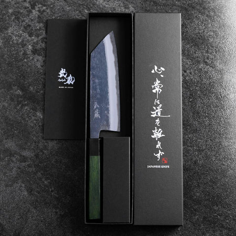 Bunka Stainless Clad Blue Super Kurouchi Green Urushi Handle 170mm (6.7”)-[Musashi]-[Japanese-Kitchen-Knives]