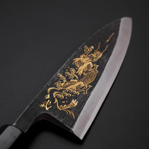 Deba Blue Steel #2 Kurouchi Chokin Dragon Buffalo Ebony Handle 150mm (5.9”)-[Musashi]-[Japanese-Kitchen-Knives]
