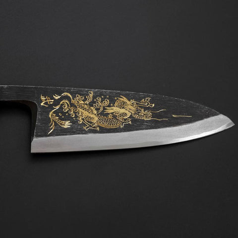 Deba Blue Steel #2 Kurouchi Chokin Dragon Buffalo Ebony Handle 150mm-[Musashi]-[Japanese-Kitchen-Knives]