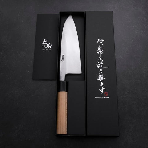 Deba Left Hand White Steel #2 Kurouchi Tsuchime Cherry Handle 180mm (7”)-[Musashi]-[Japanese-Kitchen-Knives]