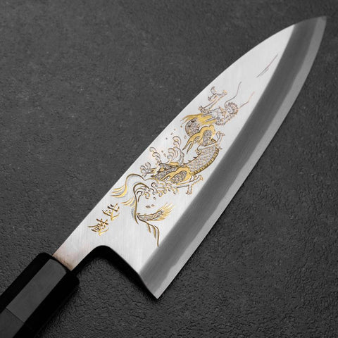 Deba White Steel #2 Kasumi Chokin Dragon Buffalo Ebony Handle 180mm-[Musashi]-[Japanese-Kitchen-Knives]