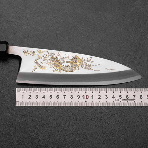 Deba White Steel #2 Kasumi Chokin Dragon Buffalo Ebony Handle 180mm-[Musashi]-[Japanese-Kitchen-Knives]