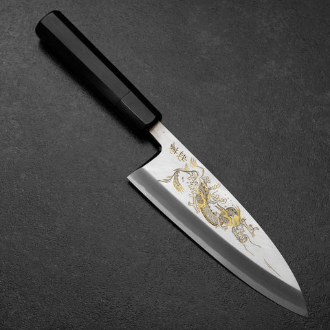 Deba White Steel #2 Kasumi Chokin Dragon Buffalo Ebony Handle 180mm-[Musashi]-[Japanese-Kitchen-Knives]
