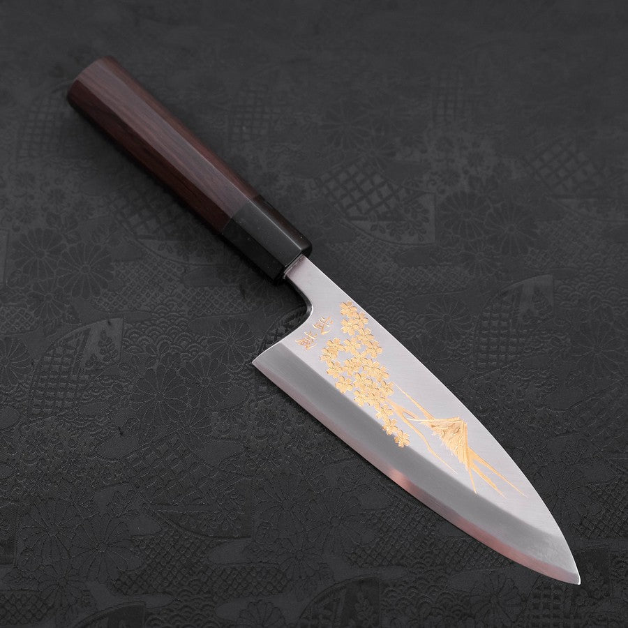 Deba White Steel #2 Kasumi Chokin Gold Sakura-Fuji Buffalo Ebony Handle 165mm (6.5”)-[Musashi]-[Japanese-Kitchen-Knives]