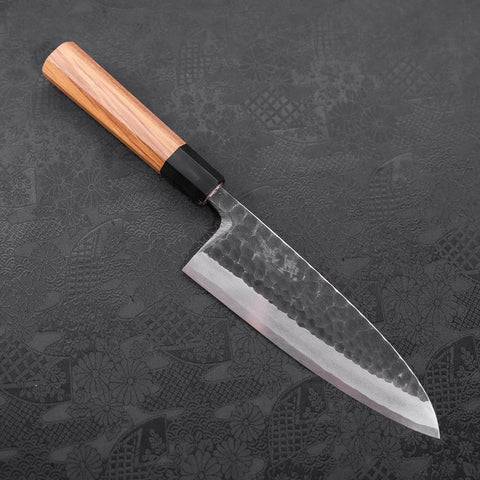 Deba White Steel #2 Kurouchi Tsuchime Buffalo Teak Handle 180mm (7”)-[Musashi]-[Japanese-Kitchen-Knives]