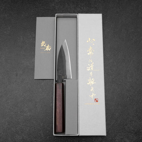 Funayuki Blue Steel #1 Stainless Clad Kurouchi Purple Urushi Handle 105mm (4.1”)-[Musashi]-[Japanese-Kitchen-Knives]