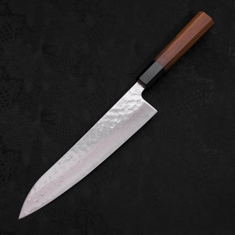Gyuto AUS-10 Mirror Tsuchime Damascus Buffalo Teak Handle 210mm (8.3”)-[Musashi]-[Japanese-Kitchen-Knives]