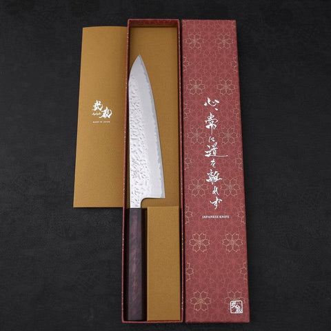 Gyuto AUS-10 Mirror Tsuchime Damascus Purple Urushi Handle 210mm (8.3”)-[Musashi]-[Japanese-Kitchen-Knives]