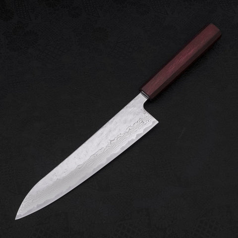 Gyuto AUS-10 Nashiji Damascus Purple Urushi Handle 210mm (8.3”)-[Musashi]-[Japanese-Kitchen-Knives]