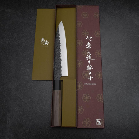 Gyuto AUS-8 Kurouchi Tsuchime Shitan Walnut Handle 200mm-[Musashi]-[Japanese-Kitchen-Knives]