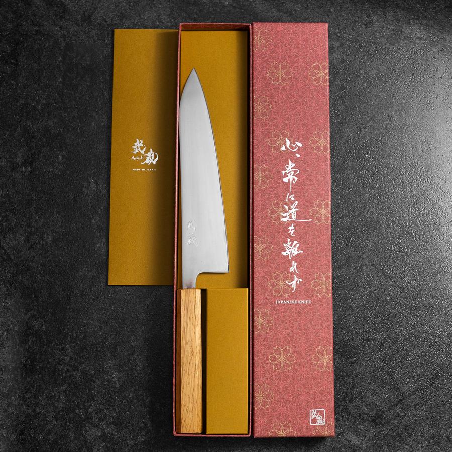 Gyuto AUS-8 Polished Oak Handle 210mm-[Musashi]-[Japanese-Kitchen-Knives]
