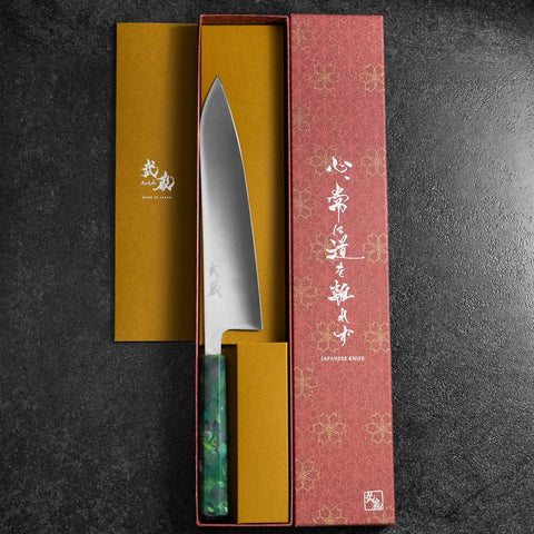 Gyuto AUS-8 Polished Ocean Green Handle 210mm-[Musashi]-[Japanese-Kitchen-Knives]