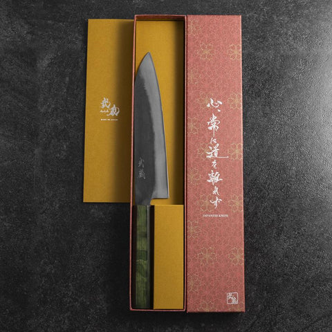 Gyuto Blue Steel #1 Kurouchi Stainless Green Urushi Handle 210mm (8.3”)-[Musashi]-[Japanese-Kitchen-Knives]