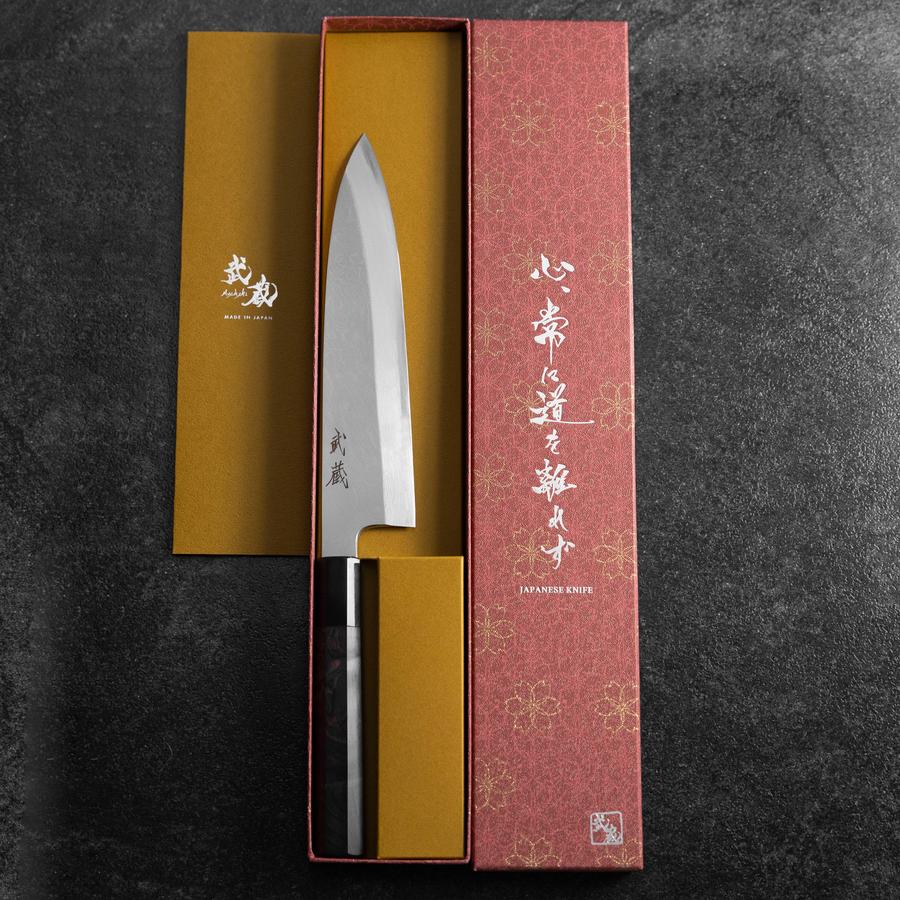 Gyuto Blue Steel #1 Suminagashi Buffalo Ebony Handle 200mm-[Musashi]-[Japanese-Kitchen-Knives]
