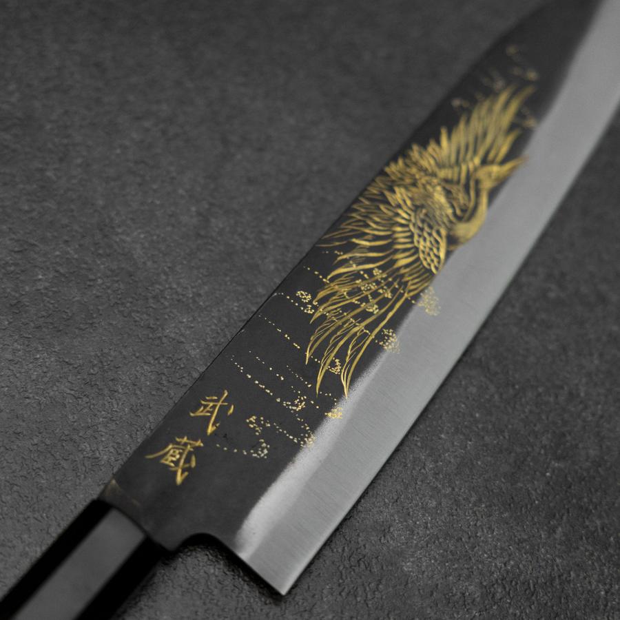 Gyuto Blue Steel #2 Kurouchi Chokin Crane Buffalo Ebony Handle 210mm (8.3”)-[Musashi]-[Japanese-Kitchen-Knives]