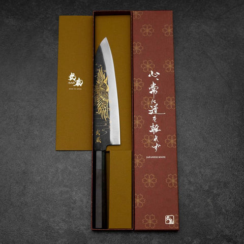 Gyuto Blue Steel #2 Kurouchi Chokin Crane Buffalo Ebony Handle 210mm (8.3”)-[Musashi]-[Japanese-Kitchen-Knives]