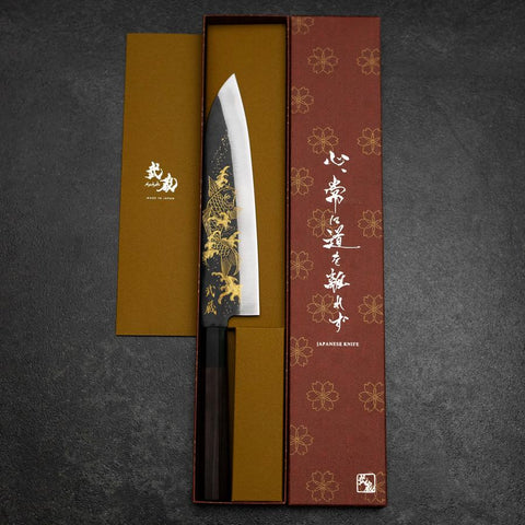 Gyuto Blue Steel #2 Kurouchi Chokin Koi Buffalo Ebony Handle 210mm (8.3”)-[Musashi]-[Japanese-Kitchen-Knives]