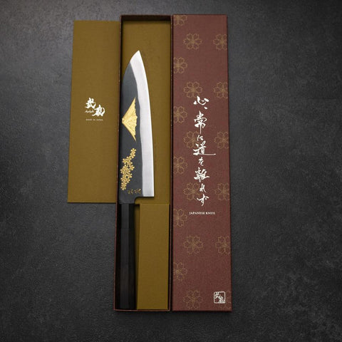 Gyuto Blue Steel #2 Kurouchi Chokin Sakura-Fuji Buffalo Ebony Handle 210mm (Asamura)-[Musashi]-[Japanese-Kitchen-Knives]