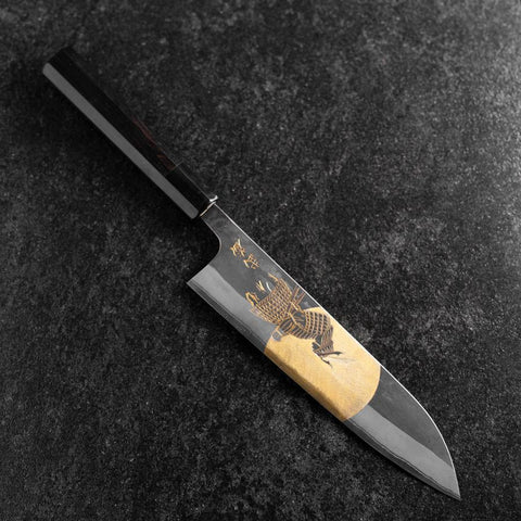 Gyuto Blue Steel #2 Kurouchi Chokin Samurai Full Moon Buffalo Ebony Handle 210mm (Asamura)-[Musashi]-[Japanese-Kitchen-Knives]