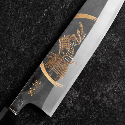 Gyuto Blue Steel #2 Kurouchi Chokin Samurai New-Moon Buffalo Ebony Handle 210mm (Asamura) (8.3”)-[Musashi]-[Japanese-Kitchen-Knives]