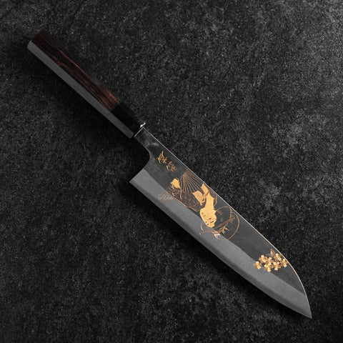 Gyuto Blue Steel #2 Kurouchi Chokin Ukiyo-E Buffalo Ebony Handle 210mm (Asamura) (8.3”)-[Musashi]-[Japanese-Kitchen-Knives]