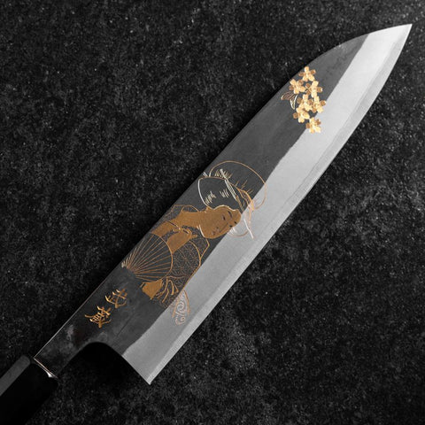 Gyuto Blue Steel #2 Kurouchi Chokin Ukiyo-E Buffalo Ebony Handle 210mm (Asamura)-[Musashi]-[Japanese-Kitchen-Knives]