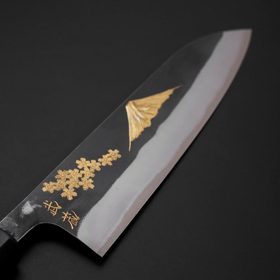 牛刀 青二鋼 黒打 ステンレス割込 彫金 桜富士 水牛黒檀柄 210mm – MUSASHI