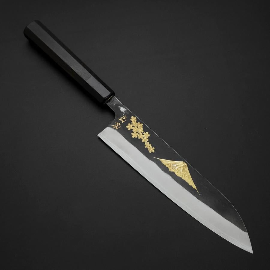 牛刀 青二鋼 黒打 ステンレス割込 彫金 桜富士 水牛黒檀柄 210mm – MUSASHI