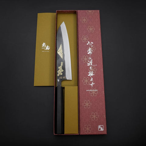 Gyuto Blue Steel #2 Kurouchi Stainless Clad Chokin Sakura-Fuji Buffalo Ebony Handle 210mm-[Musashi]-[Japanese-Kitchen-Knives]
