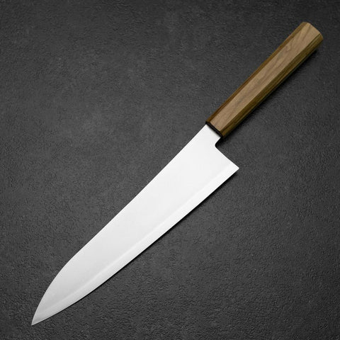 Gyuto Blue Steel #2 Polished Stainless Clad Olive Handle 210mm-[Musashi]-[Japanese-Kitchen-Knives]