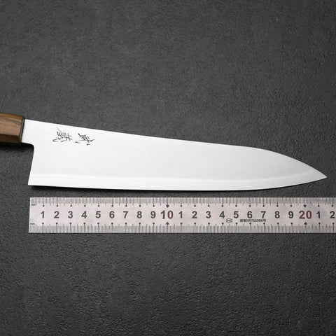 Gyuto Blue Steel #2 Polished Stainless Clad Olive Handle 210mm-[Musashi]-[Japanese-Kitchen-Knives]