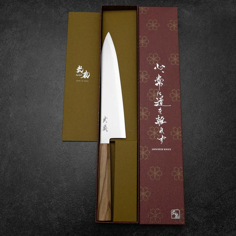 Gyuto Blue Steel #2 Polished Stainless Clad Olive Handle 210mm-[Musashi]-[Japanese-Kitchen-Knives]