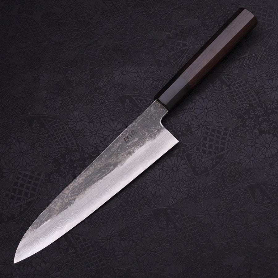 Gyuto Blue steel #1 Kurouchi Suminagashi Buffalo Ebony Handle 200mm-Blue steel #1-Damascus-Japanese Handle-[Musashi]-[Japanese-Kitchen-Knives]