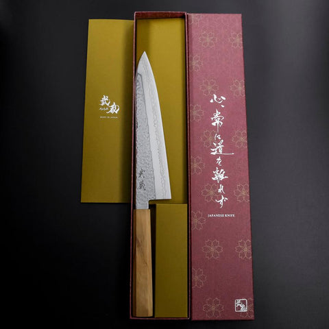 Gyuto SLD Nickel Tsuchime Colored Damascus Olive Handle 210mm Limited Edition (8.3”)-[Musashi]-[Japanese-Kitchen-Knives]