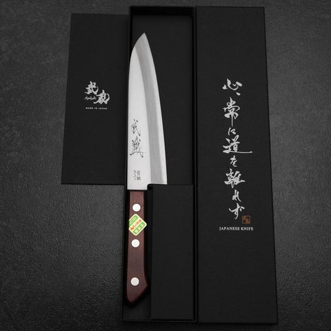 Gyuto Stainless Clad Blue Super Polished Western Black Red Handle 180mm (Tsuba-nashi) (7”)-[Musashi]-[Japanese-Kitchen-Knives]