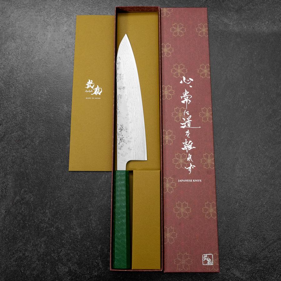 Gyuto Sweden Stainless Steel Nashiji Washi Damascus Green Urushi Handle 210mm-[Musashi]-[Japanese-Kitchen-Knives]