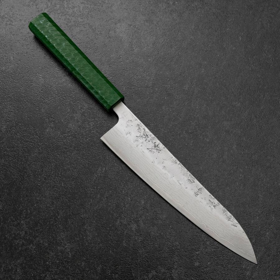 Gyuto Sweden Stainless Steel Nashiji Washi Damascus Green Urushi Handle 210mm-[Musashi]-[Japanese-Kitchen-Knives]