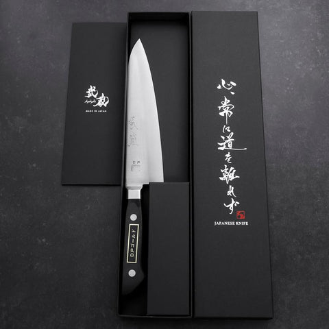 Gyuto VG-1 Polished Western Black Handle 180mm (Tsuba-ari) (7”)-[Musashi]-[Japanese-Kitchen-Knives]
