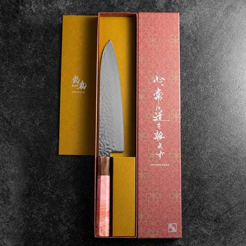 Gyuto VG-10 Mirror Tsuchime Damascus Dark Pink Buffalo Maple Handle 210mm-[Musashi]-[Japanese-Kitchen-Knives]
