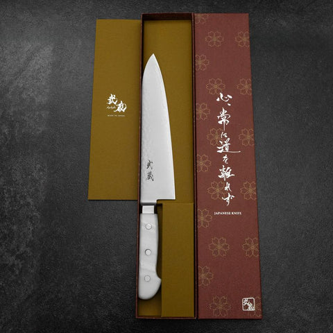 Gyuto VG-5 Tsuchime White Marble Handle 210mm (8.3”)-[Musashi]-[Japanese-Kitchen-Knives]